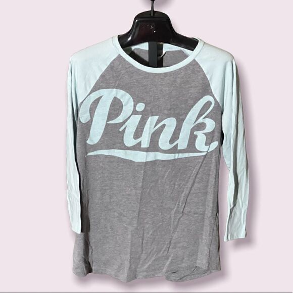 Pink Victoria’s Secret 3/4 Turquoise and Gray Baseball T - Picture 1 of 3